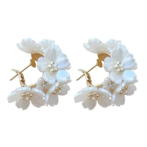 White Flower Hoop Earrings